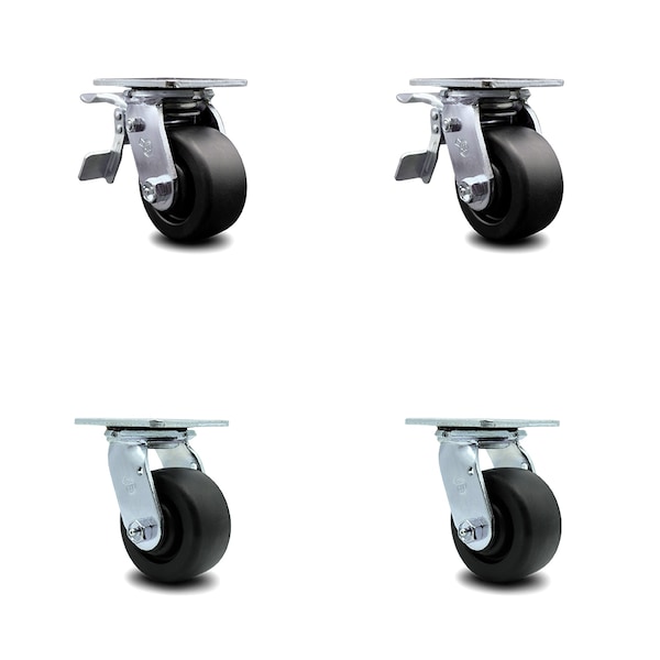 4 Inch Polyolefin Caster Set with Ball Bearings 2 Brakes 2 Rigid